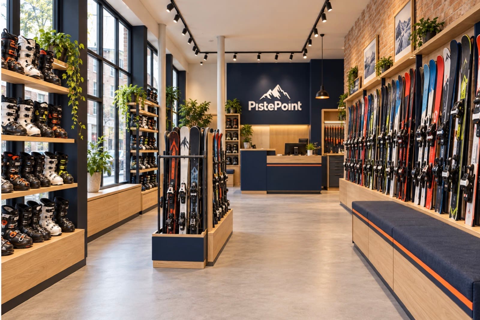 Interieur van PistePoint Breda: rekken met tweedehands ski's en een wand met skischoenen (1 van 4)